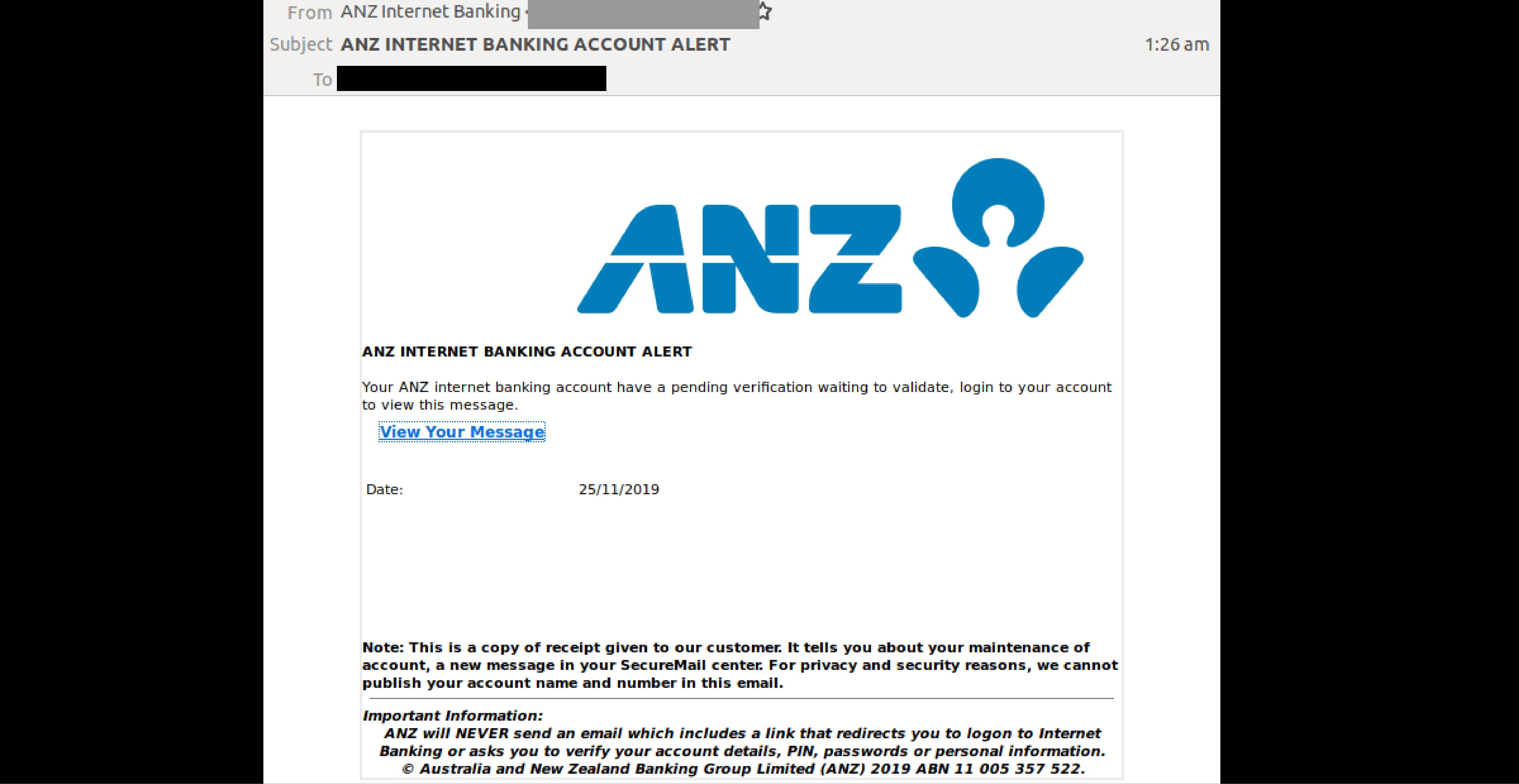 Phishing email impersonating ANZ Bank uses safety disclaimers to trick recipients